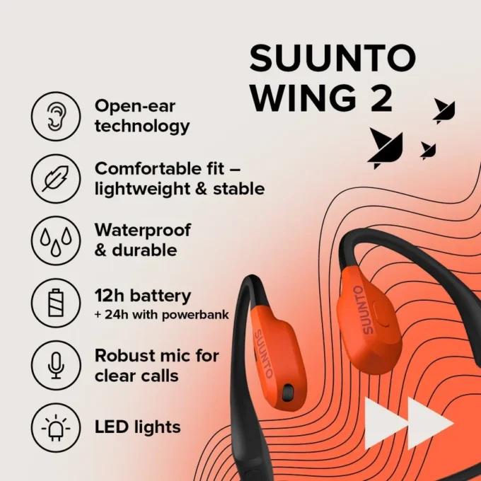 Suunto Wing 2 w kolorze koralowo-pomarańczowym – wysokiej klasy słuchawki przewodzące dźwięk przez kości Suunto Wing 2 w kolorze koralowo-pomarańczowym – wysokiej klasy słuchawki przewodzące dźwięk przez kości